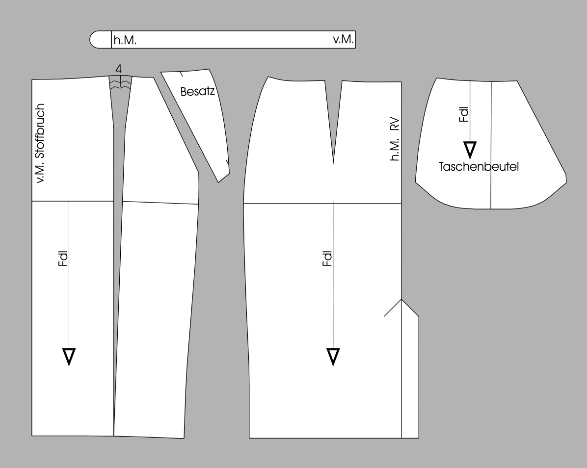 Die fertigen Schnittteile eines schmalen Rockes für Große Größen ist abgebildet.