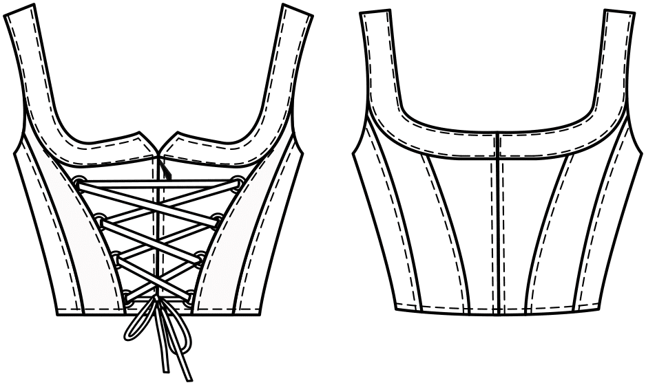 Diese technische Zeichnung zeigt die Vorder-und Rückansicht von eines Schnürmieders für Kinder Dieses Modell gibt es als Schnittmuster.