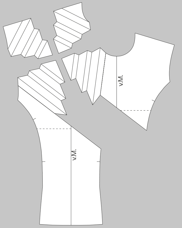 Abgebildet ist die Schnittkonstruktion für den geometrischen Kragen. Abgebildet sind die Schnittteile.