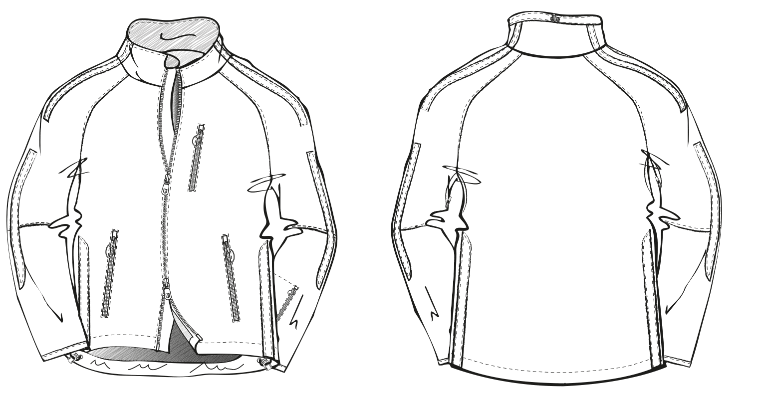 Abgebildet ist die technische Zeichnung von einer Skijacke.