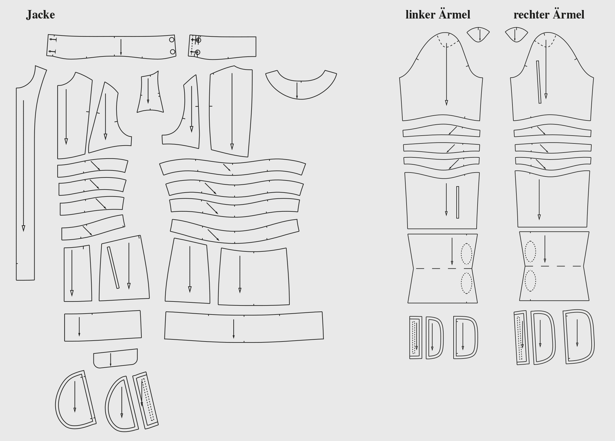 Zu sehen sind die fertigen Schnittteile der Schnittkonstruktion für die Skijacke.