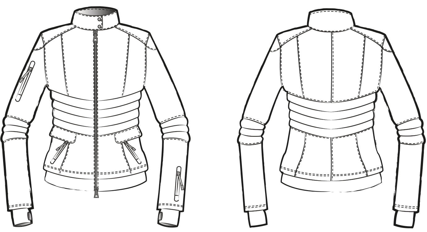 Zu sehen ist die technische Zeichnung der Skijacke für die Schnittkonstruktion.