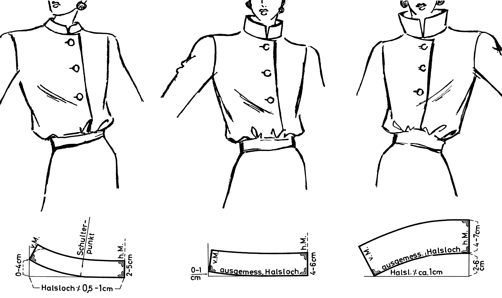 Zu sehen sind drei verschiedene Stehkragen Modelle und deren Schnittkonstruktion.