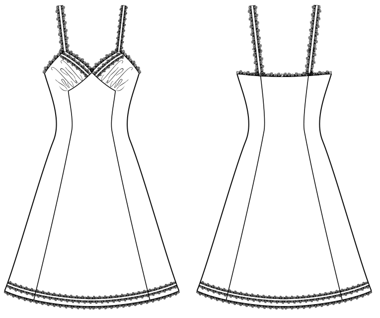 Die Abbildung zeigt die Schnitt-Technik von eines Unterkleides. Die Zeichnung dient als Vorlage für die Schnitterstellung.