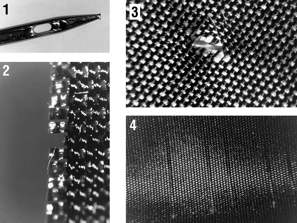 Zu sehen sind eine Nadel mit einer stark beschädigten Spitze, die durch Ablenken auf dem Greifer aufgeschlagen war. Ebenso bei einem Zieher im Bereich der Schnittkante wird der getroffene Gewebefaden aus dem Gewebeverbund herausgeschlagen und dadurch verkürzt. 3 Das Durchstechen der Nadel (Blindstichnaht) bei einem sehr dünnen Gewebe. Da Kett- und Schussfäden farblich unterschiedlich sind, entsteht eine deutliche Veränderung. 4 Zieher bei einem Changeant-Gewebe.