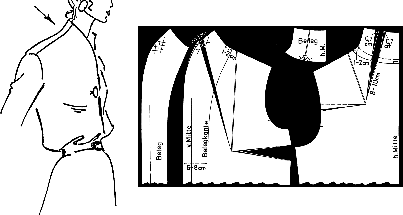 Zu sehen ist die Schnittkonstruktion eines angeschnittenen Stehkragens einer Damenbluse.