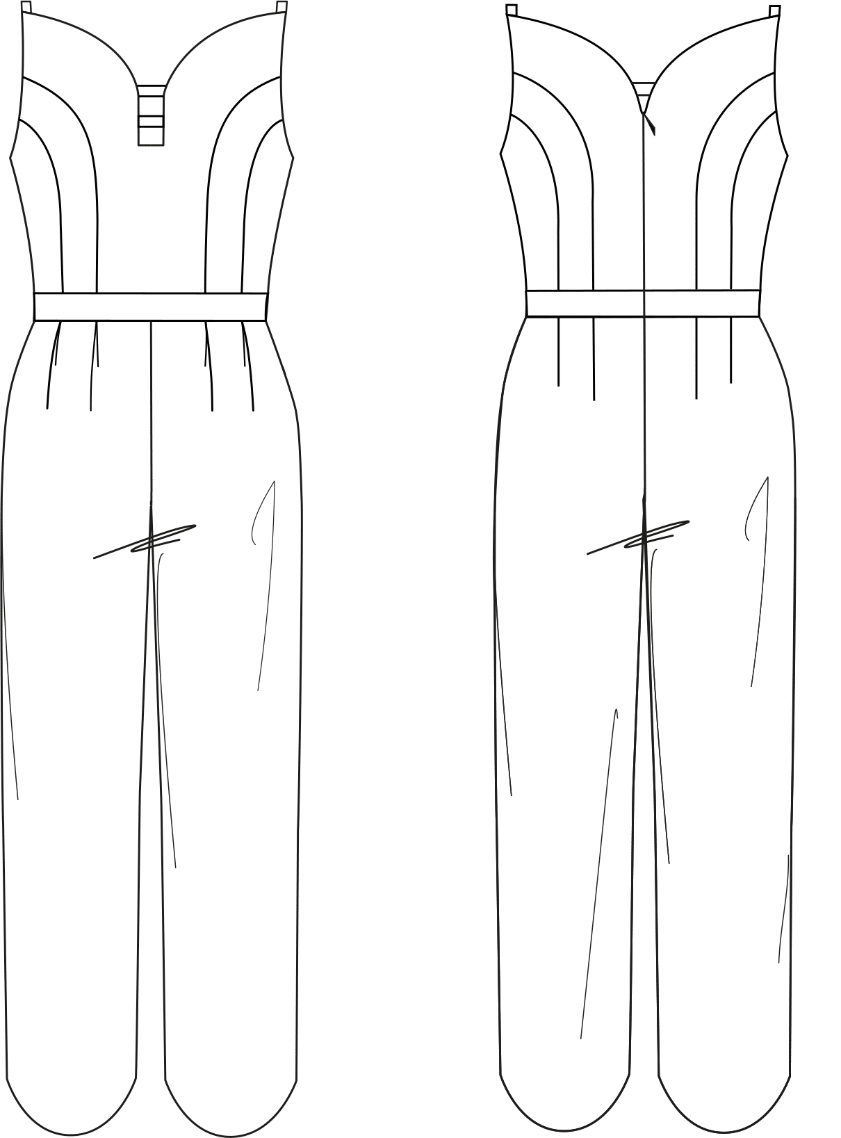 Zu sehen ist die technische Zeichnung der Vorder- und Rückansicht eines Overalls in Herz Form. Sie dient als Vorlage für die Schnitt-Technik.