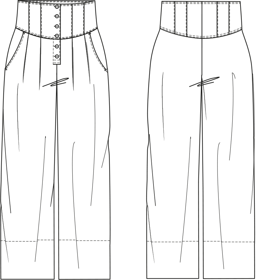 Gezeigt wird die Vorder- und Rückansicht einer technischen Zeichnung für eine High-Waist-Culotte Hose. Sie dient als Vorlage für de Schntitkonstruktion.