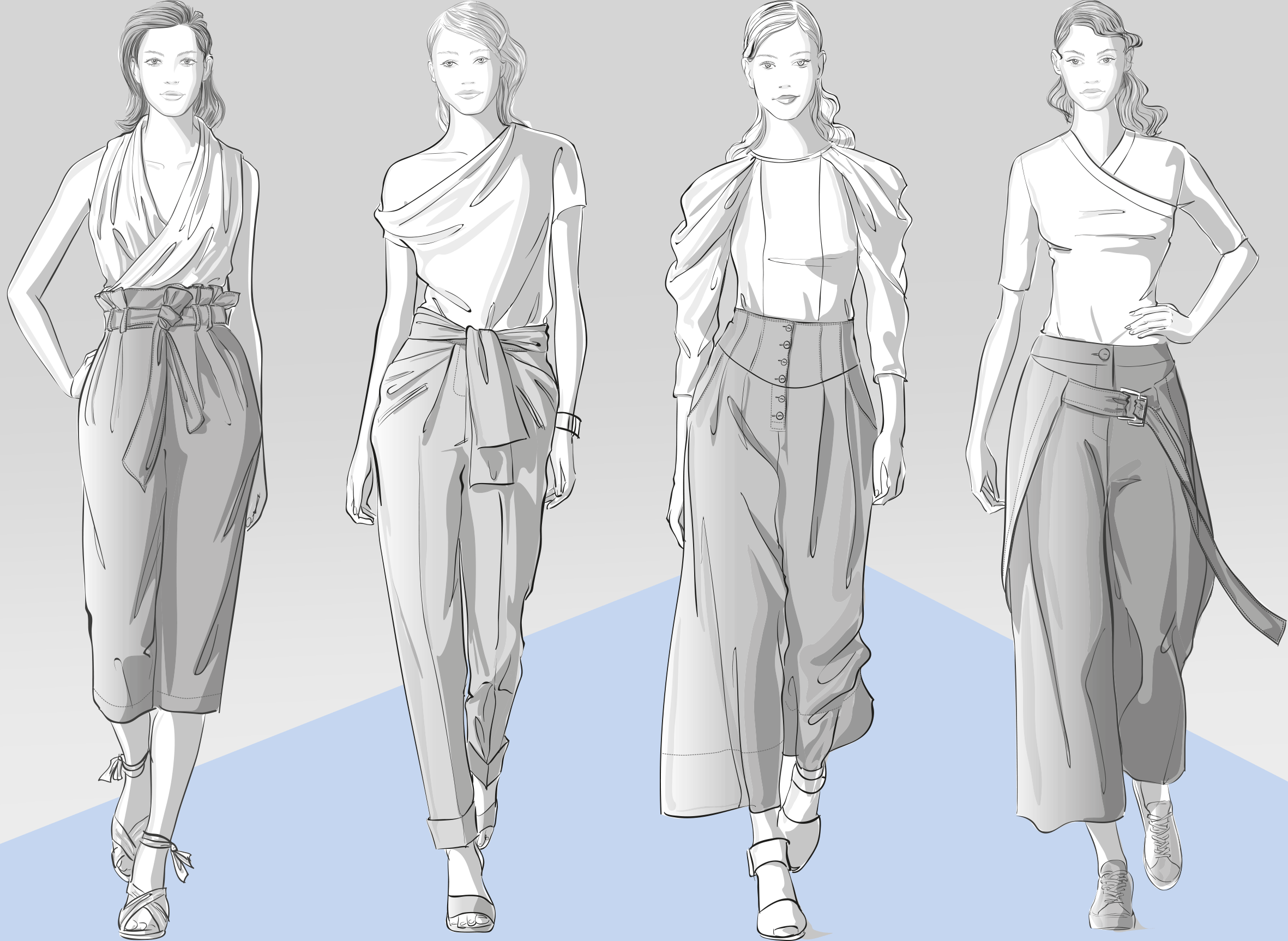 Abgebildet sind 4 Modellzeichnungen von Frauen in den Hosenmodellen, die als Vorlage für die Schnitt-Technik dienen.