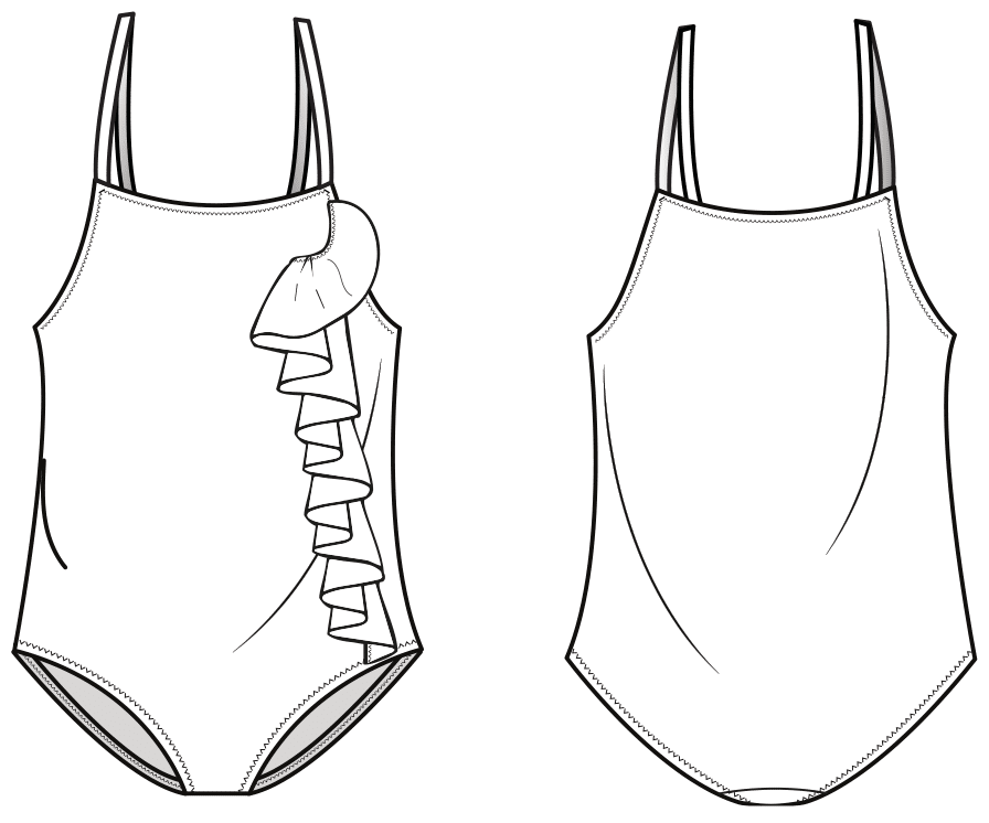 Das Foto zeigt die technische Zeichnung eines Badeanzuges für Kinder. Die Zeichnung dient als Vorlage für die Schnitttechnik.