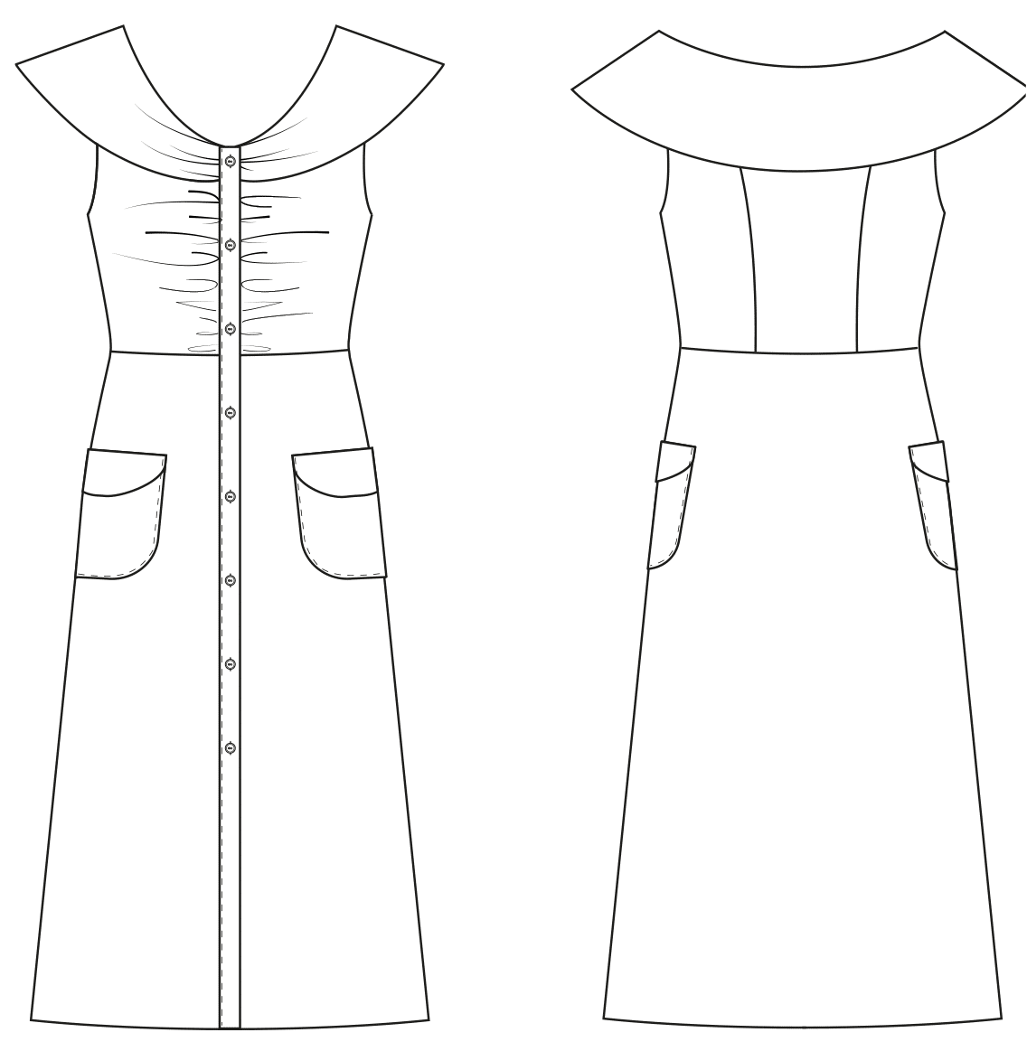 Die Abbildung zeigt die Vorder- und Rückansicht einer technischen Zeichnung. Abgebildet ist ein Kleid im Retro-Look, sie dient als Vorlage für die Schnitt-Technik.