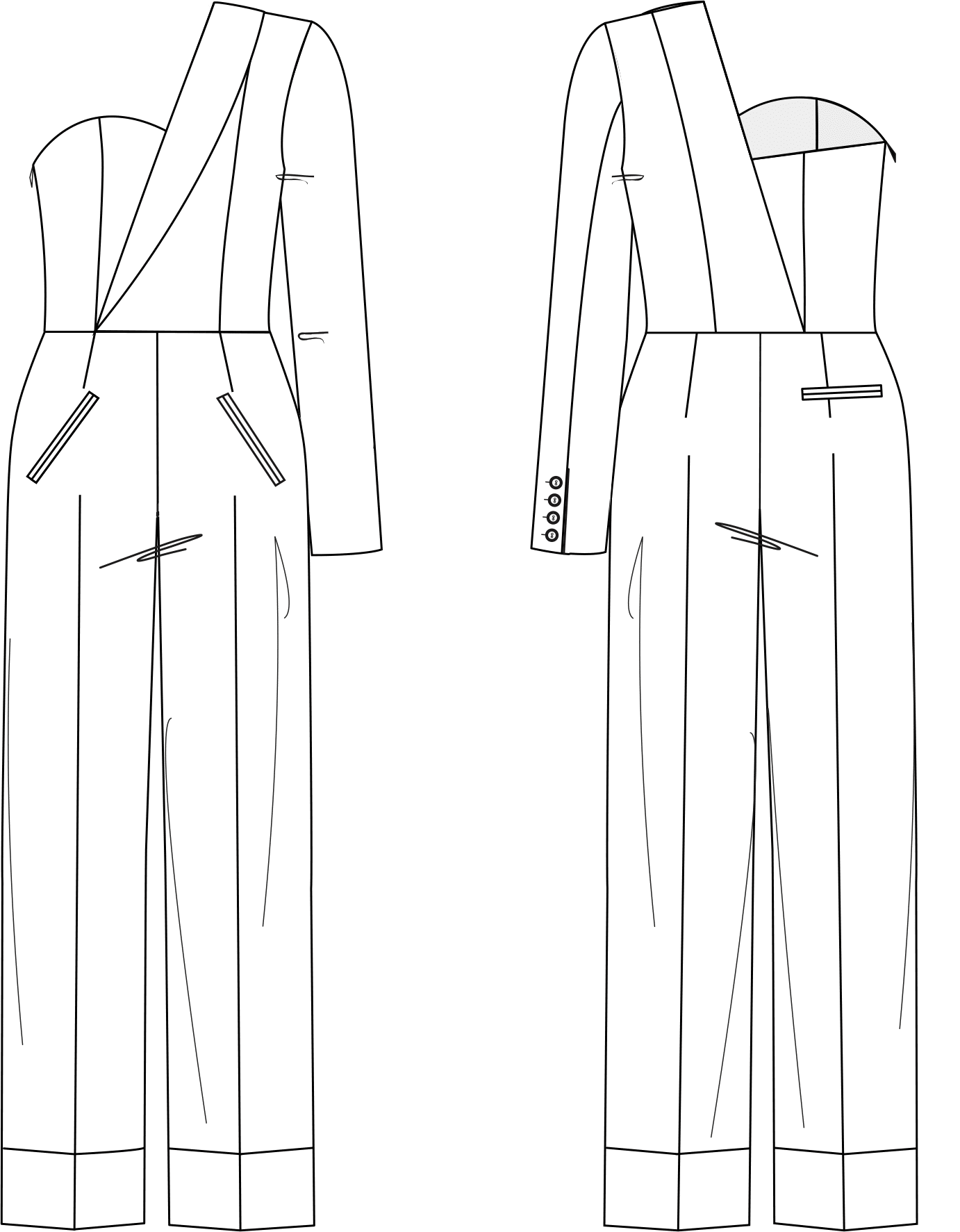 Zu sehen ist die technische Zeichnung der Vorder- und Rückansicht eines Overalls im Off Shoulder Look. Sie dient als Vorlage für die Schnitt-Technik.