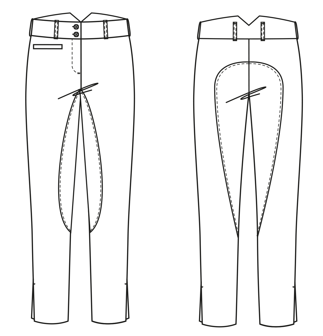 Diese Abbildung zeigt die Vorder- und Rückansicht einer technischen Zeichnung von einer Reithose. Sie dient als Vorlage für ein Schnittmuster auf einem Schnittmusterbogen von Müller und Sohn.