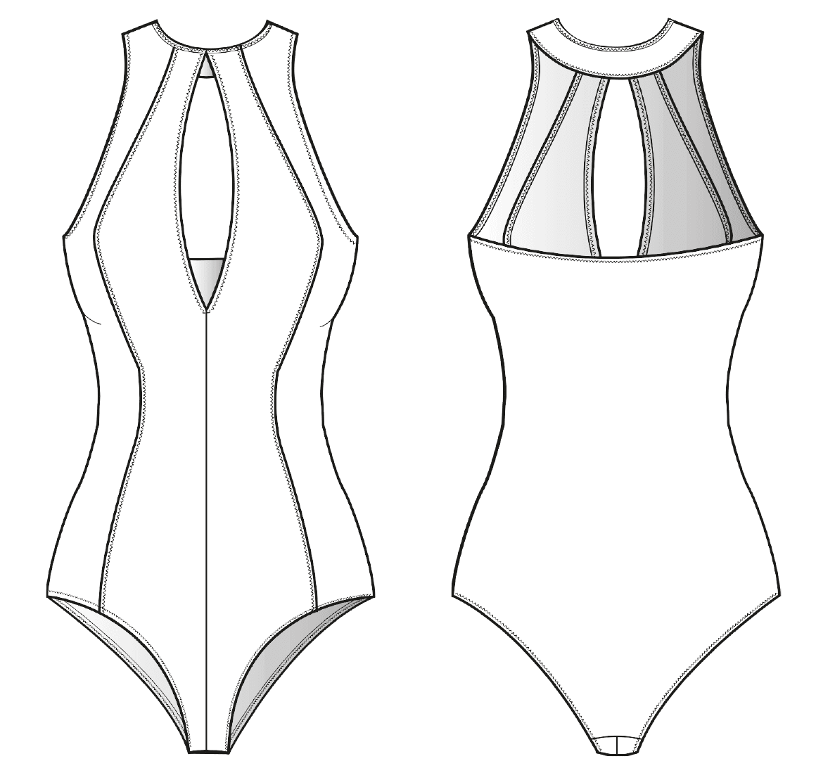 Vorder- und Rückansicht einer technischen Zeichnung von einem Badeanzug. Sie dient als Vorlage für ein Schnittmuster auf einem Schnittmusterbogen von Müller und Sohn.