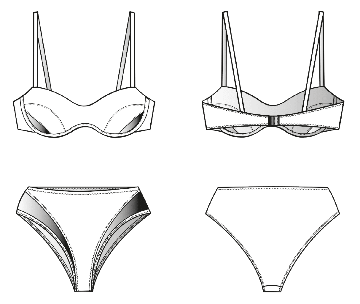 Diese Abbildung zeigt die Vorder- und Rückansicht einer technischen Zeichnung von einem Bikini. Sie dient als Vorlage für ein Schnittmuster auf einem Schnittmusterbogen von Müller und Sohn.