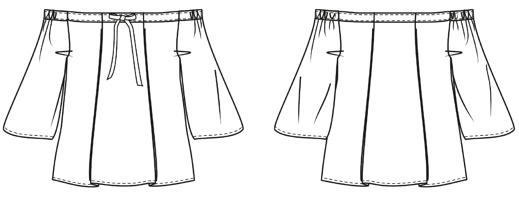Diese Abbildung zeigt die Vorder- und Rückansicht einer technischen Zeichnung von einer Off-Shoulder Bluse. Sie dient als Vorlage für ein Schnittmuster auf einem Schnittmusterbogen von Müller und Sohn.