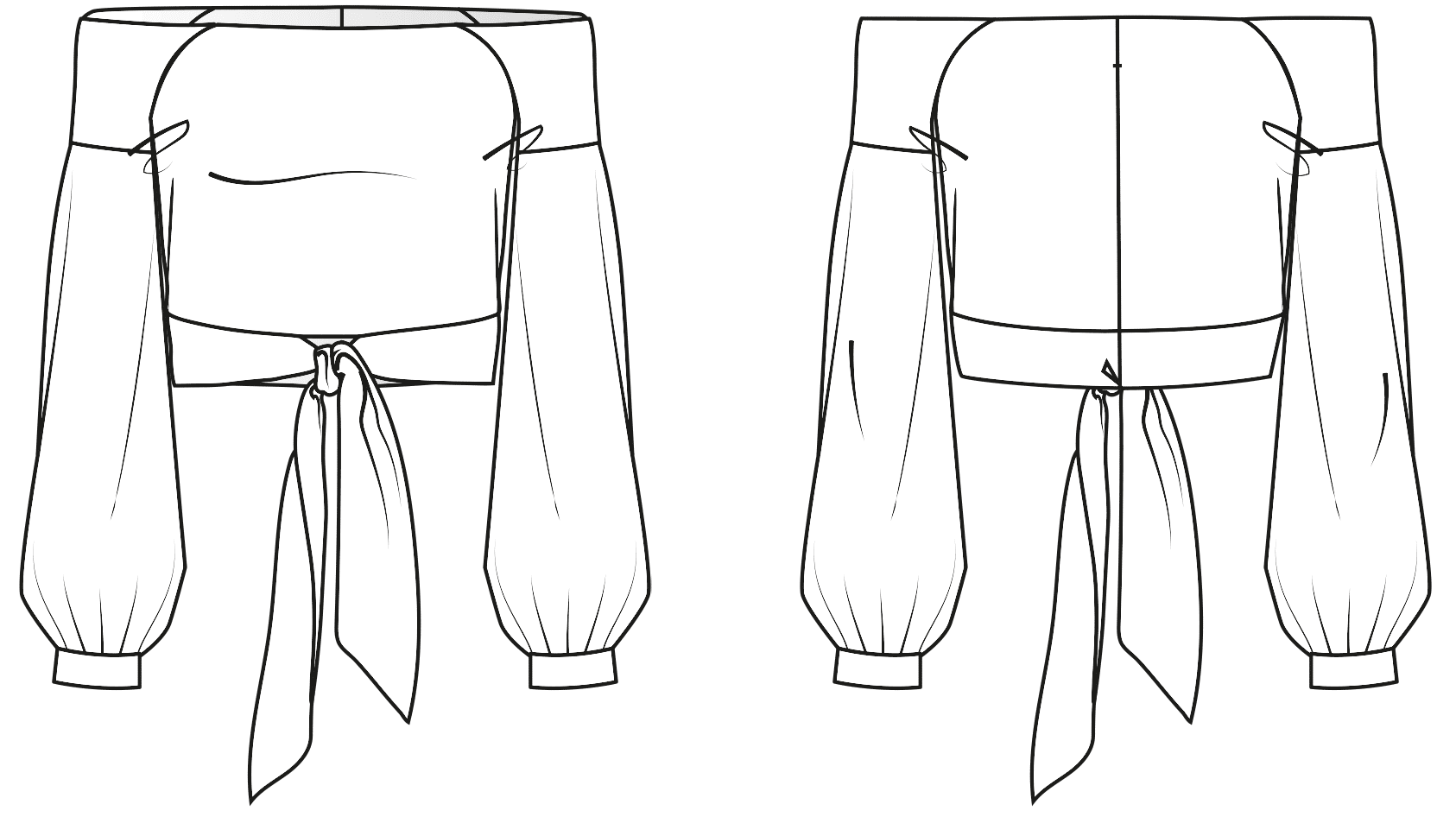 Diese Abbildung zeigt die Vorder- und Rückansicht einer technischen Zeichnung von einer Off-Shoulder Bluse. Sie dient als Vorlage für ein Schnittmuster auf einem Schnittmusterbogen von Müller und Sohn.