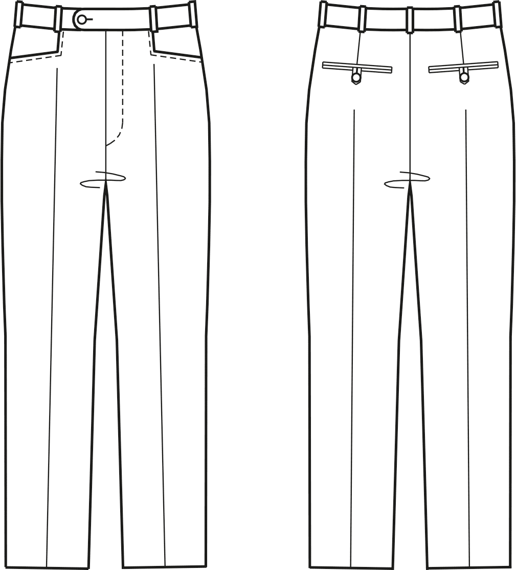 Abgebildet ist die Vorder- und Rückansicht einer technischen Zeichnung von einer Hose. Es dient als Vorlage für den Schnittmusterbogen