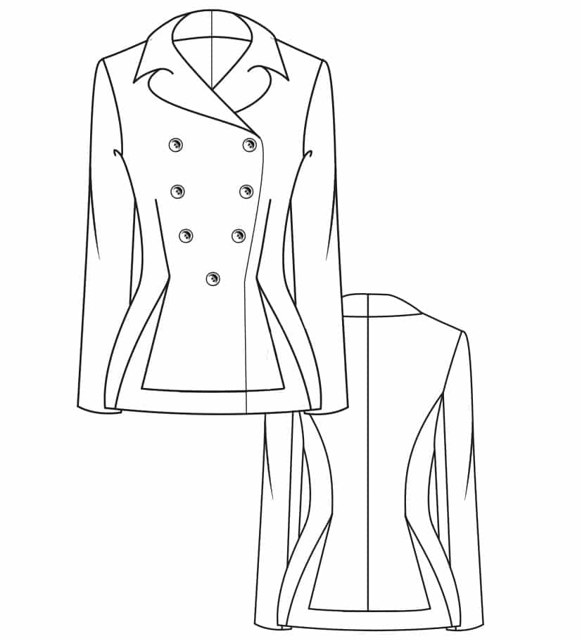 Diese Abbildung zeigt die Vorder- und Rückansicht einer technischen Zeichnung von einer Jacke. Sie dient als Vorlage für ein Schnittmuster auf einem Schnittmusterbogen von Müller und Sohn.