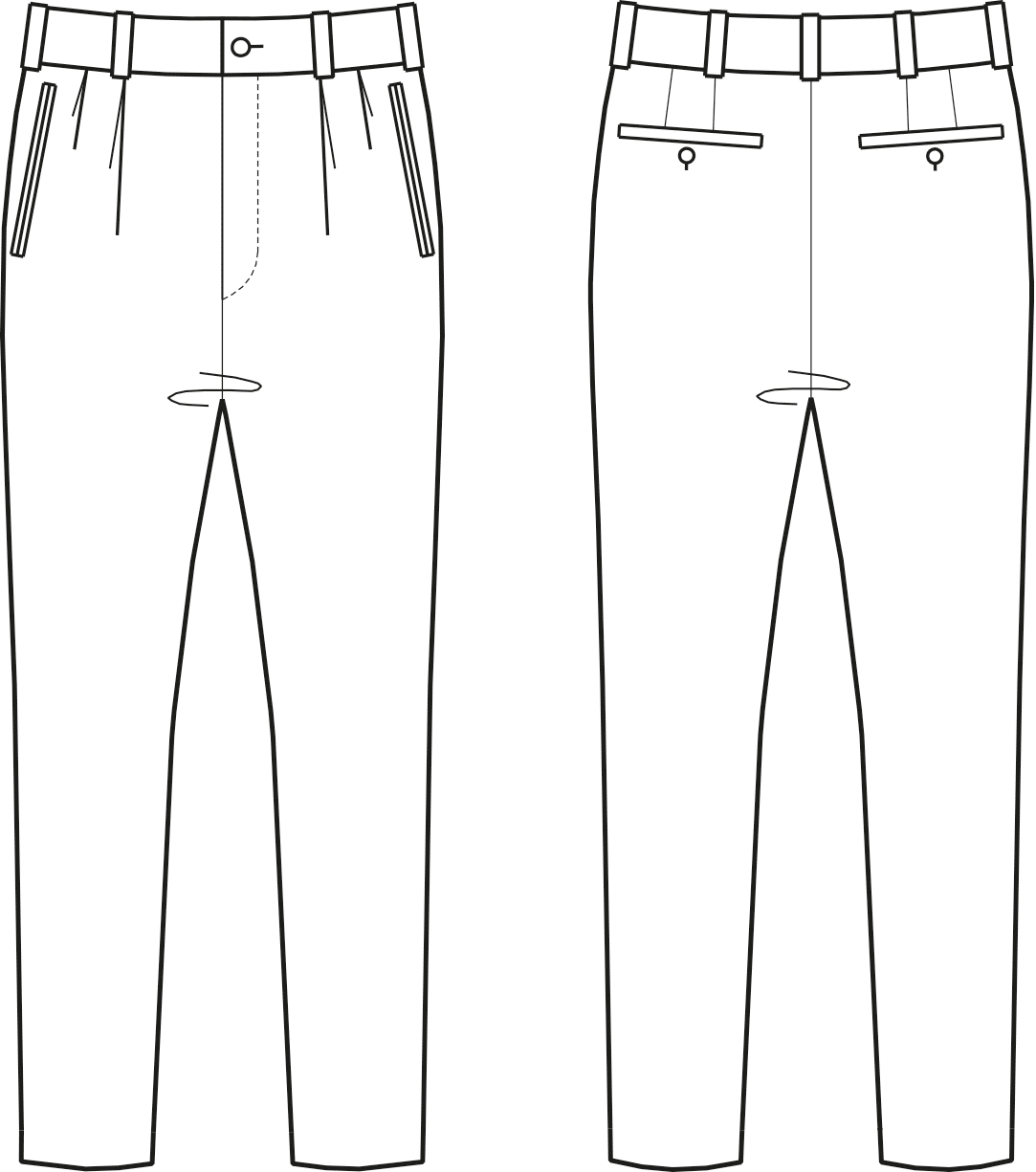Abgebildet ist die Vorder- und Rückansicht einer technischen Zeichnung von einer Hose. Es dient als Vorlage für den Schnittmusterbogen