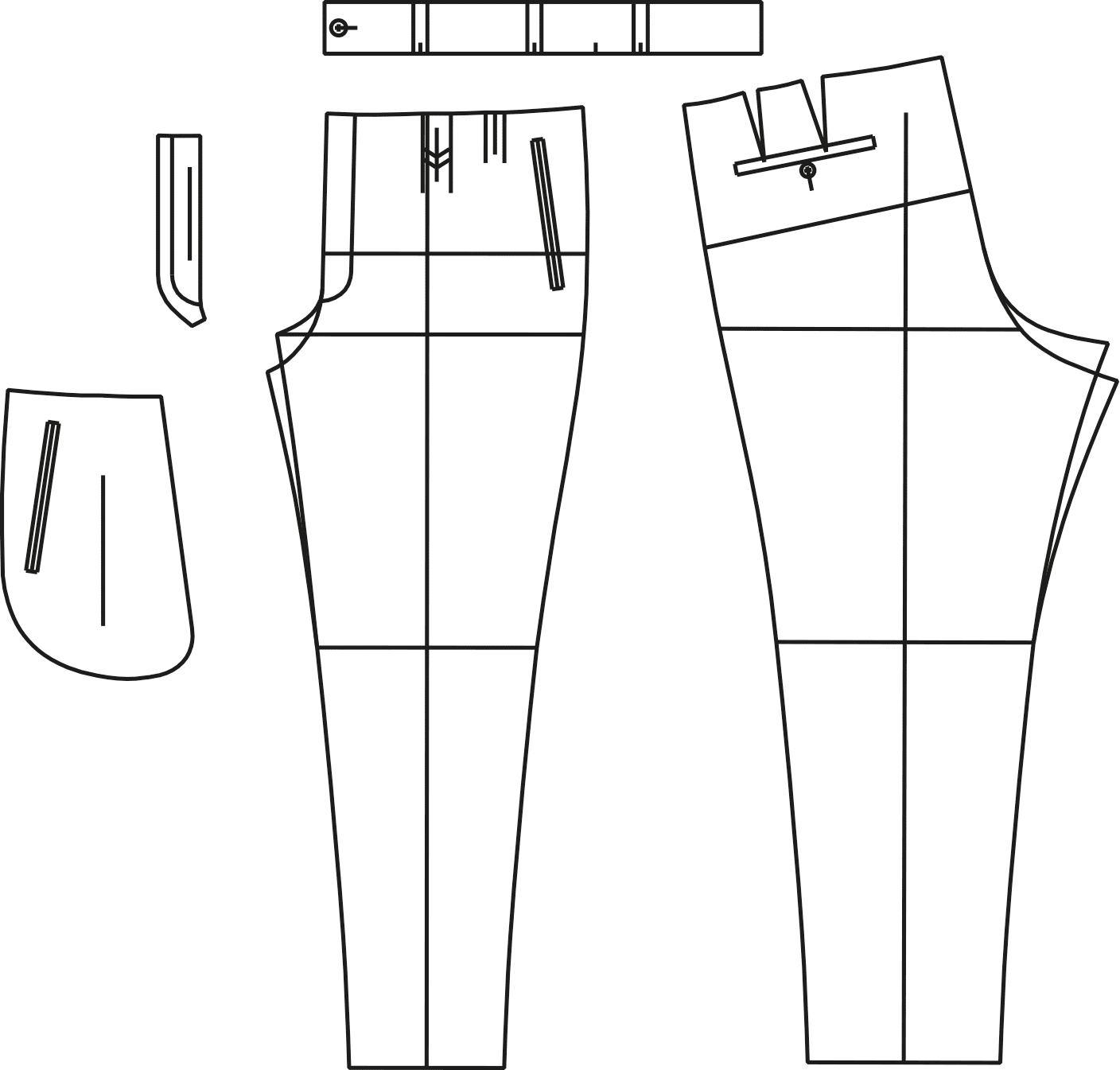 Abgebildet sind die fertigen Schnitttteile des Schnittmusterbogens für eine Hose.