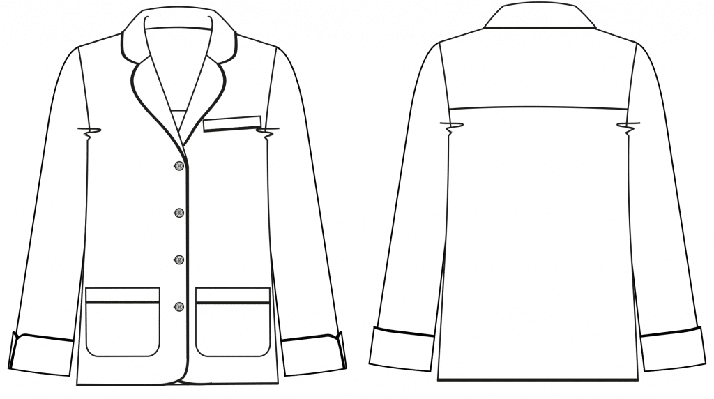Diese technische Zeichnung zeigt die Vorder- und Rückansicht von einem Pyjama Oberteil mit Revers für Damen. Sie dient als Vorlage für den Schnitt auf dem Schnittmusterbogen.