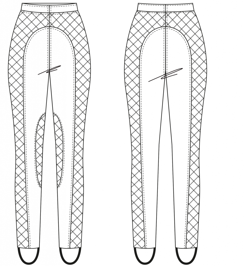 Diese technische Zeichnung zeigt die Vorder-und Rückansicht einer Leggings mit Einsätzen für Damen. Dieses Modell gibt es als Schnittmuster.