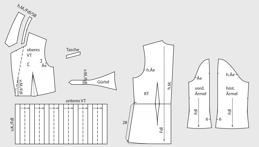 Das Foto zeigt die fertigen Schnittteile von einem Blazer mit Falten-Partie und Reverskragen.