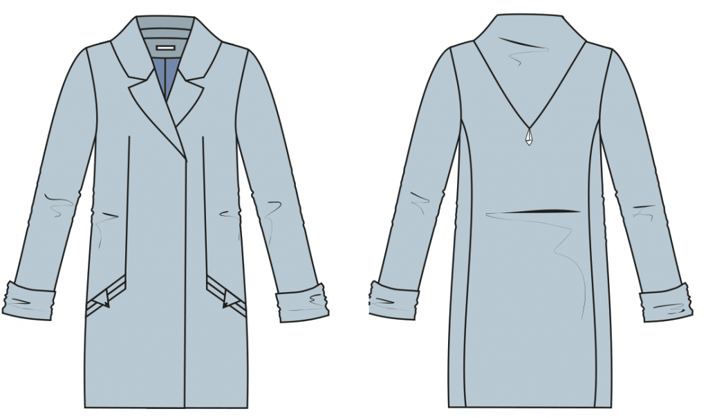 Die Abbildung zeigt die Vorder- und Rückansicht einer technischen Zeichnung von einem Mantel mit Reverskragen. Sie dient als Vorlage für die Schnitttechnik.