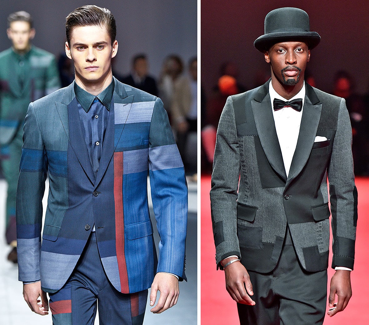 Patchwork-Sakkos auf dem Laufsteg bei Brioni und Watanabe.