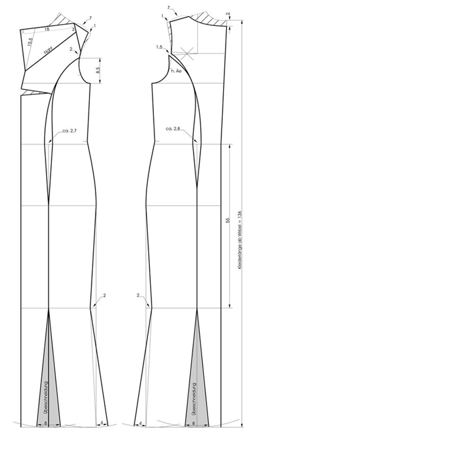 Schnittkonstruktion Abendkleid mit Römerfalten