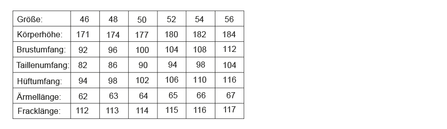 Größentabelle für den Frack
