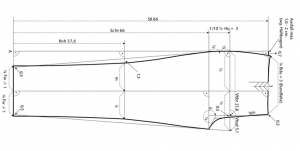 Technische Zeichnung eines Hosen-Schnittmusters mit Maßberechnungen