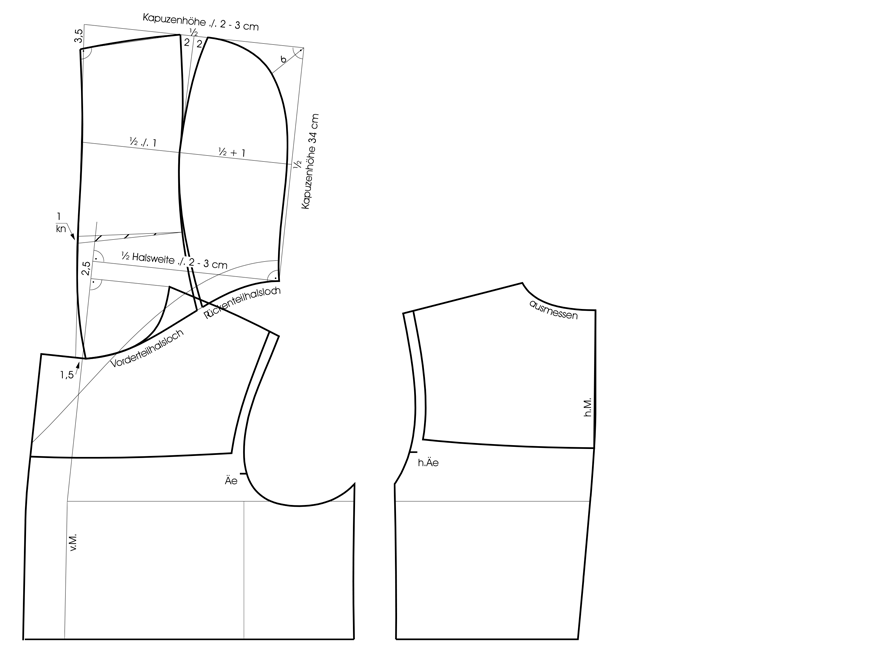 Schnittkonstruktion der Kapuze eines Dufflecoat