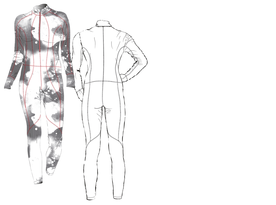 Technical drawing of a one-piece cross-country skiing suit