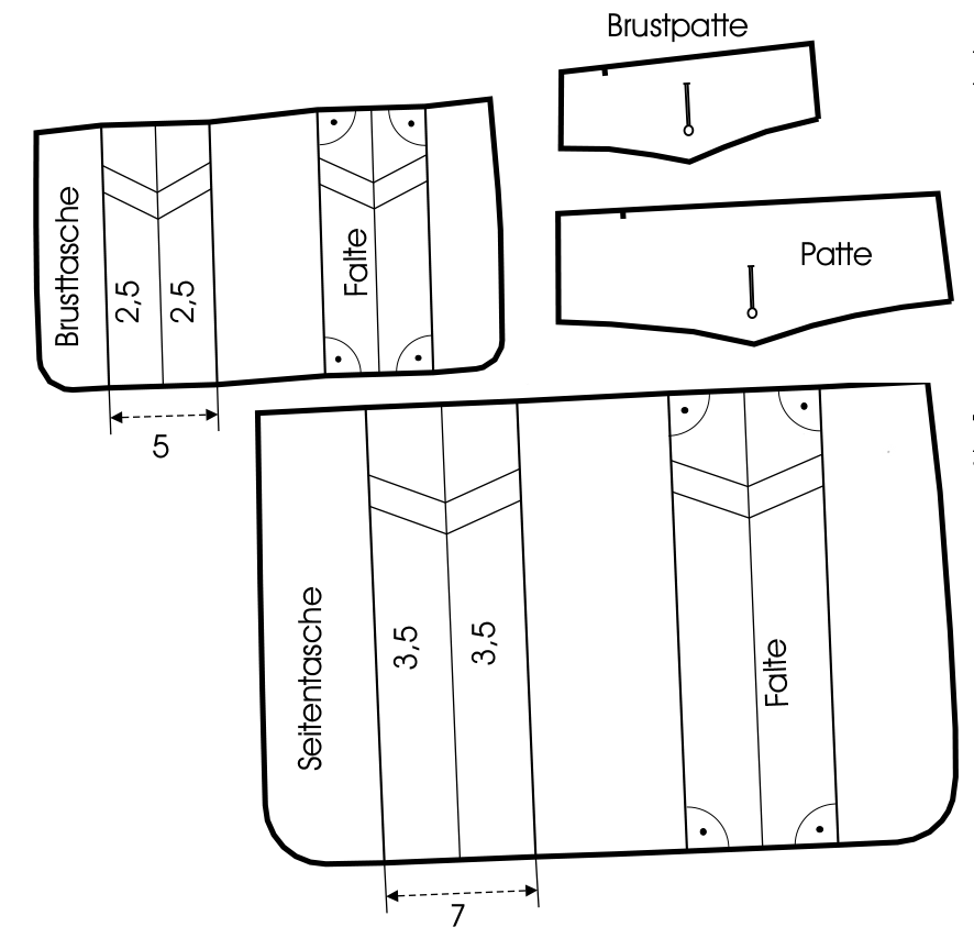 Schnittkonstruktion einer aufgesetzten Pattentasche mit Quetschfalte
