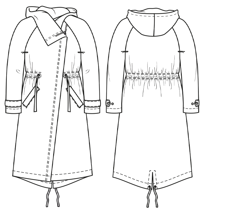 Technische Zeichnung zum asymmethrischen Parka