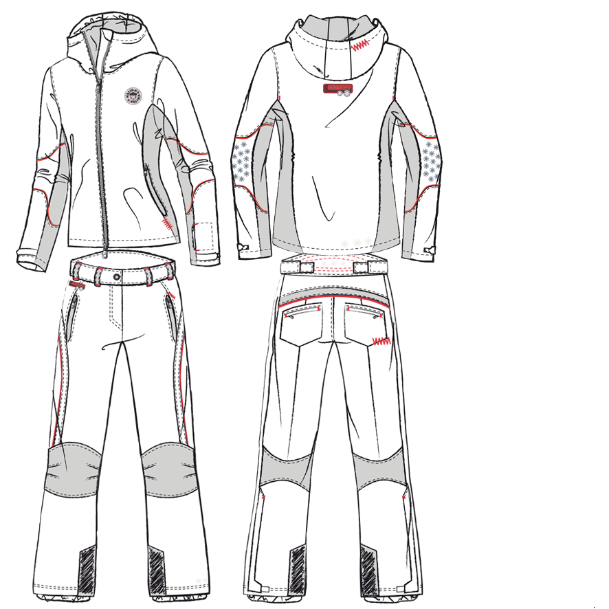 Technical drawing of a two-piece ski suit with hoodie jacket