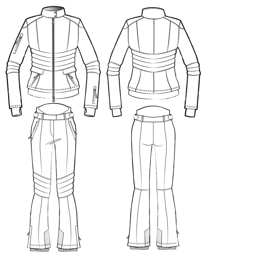 Technical drawing of a two-piece ski suit 