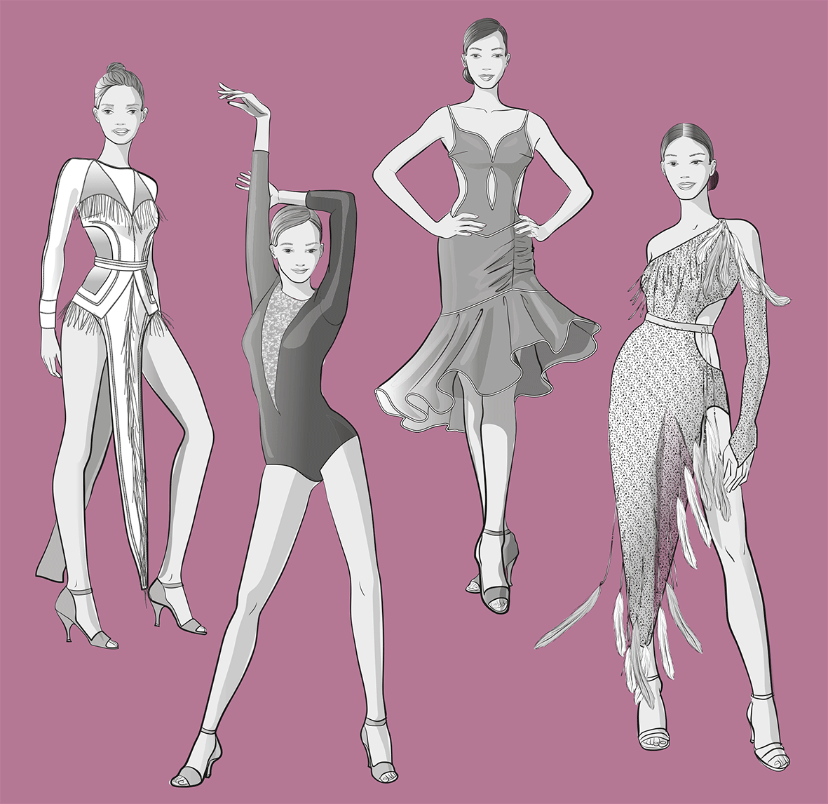 Illustration of the dance dresses contained in the E-Dossier Pattern Making for Dancewear