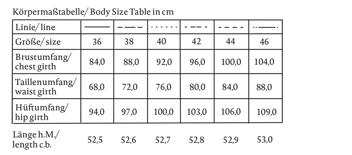 Größentabelle Schnittmuster Schluppenbluse