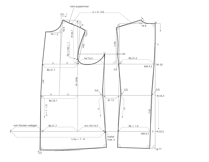 Schnittkonstruktion für den Grundschnitt einer Kochjacke