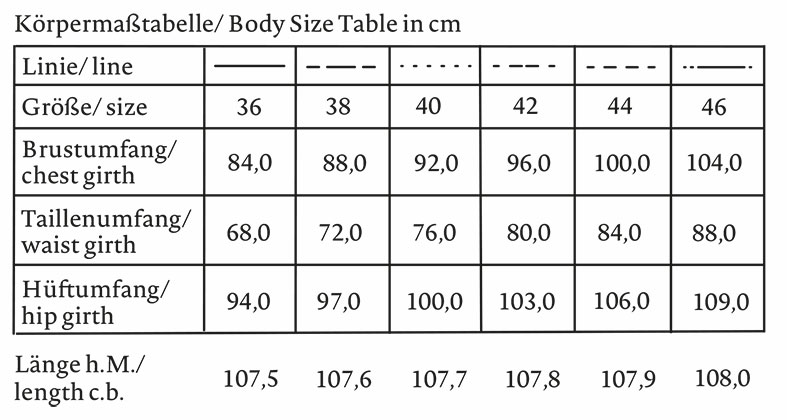 Größentabelle Schnittmuster Hemdblusenkleid mit langem Kragen