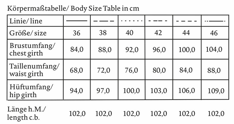 Größentabelle Schnittmuster Tailliertes Hemdblusenkleid