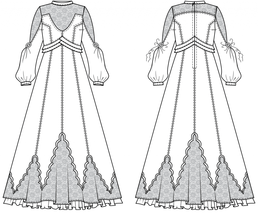 The technical drawing shows the front and pack part of a dirndl with laced bodice for kids. It´s the template for the pattern construction.
