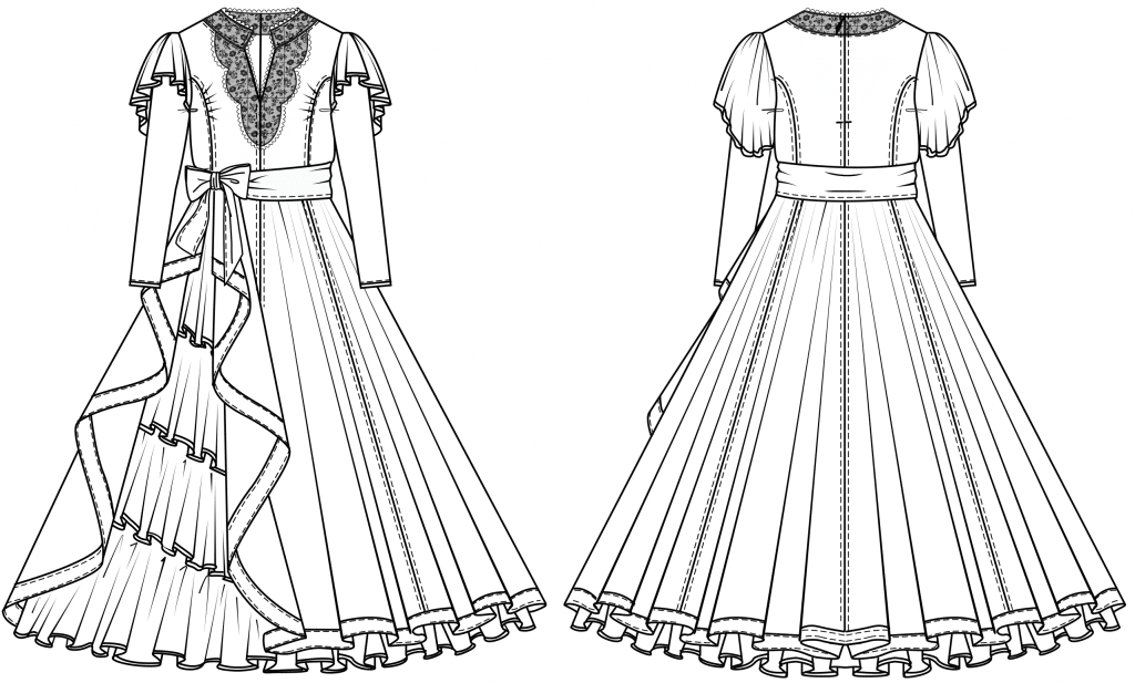 The technical drawing shows the front and pack part of a dirndl with laced bodice for kids. It´s the template for the pattern construction.