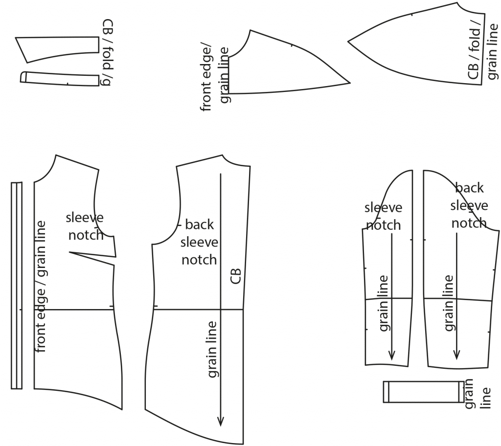 The photo shows the pattern pieces of a blouse. The pattern is available on the pattern sheet.