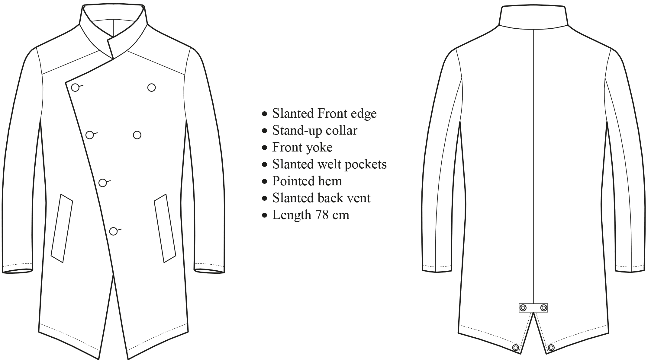 You see the technical drawing of an aysmmetric coat for the pattern construction.