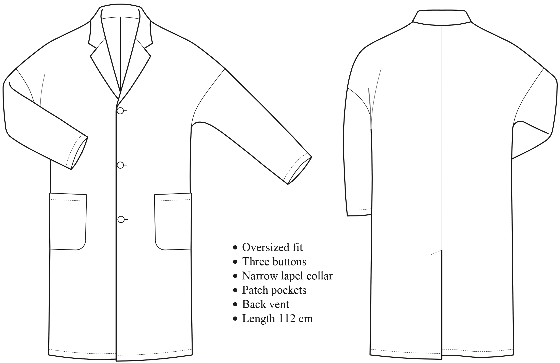 You see the technical drawing of a coat for the pattern construction.