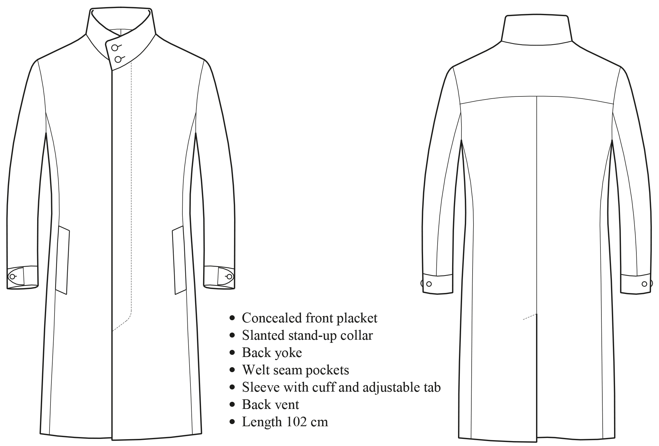 You see the technical drawing of a coat for the pattern construction.